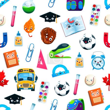 Illustration for Cartoon school characters seamless pattern. Textile vector pattern, fabric or wallpaper print with school bus and backpack, textbook, education graduation cap and alarm clock, glue cute personages - Royalty Free Image