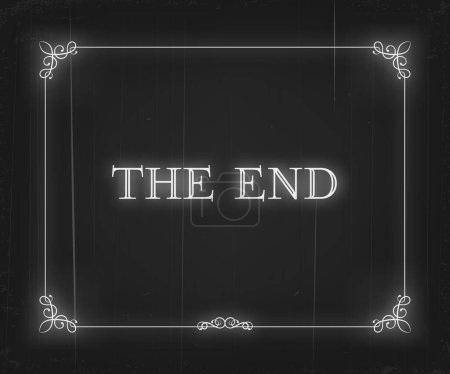 Illustration for Silent movie cinema film end screen in vintage floral borders, vector background. Hollywood cinema and retro movie theater The End screen with flourish frame and grunge black film scratch lines - Royalty Free Image