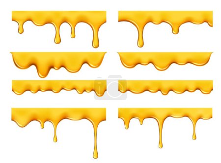 Téléchargez les illustrations : Flux sucré de miel et coulée fondue, gouttes de sirop liquide de fuite d'huile jaune or, vecteur réaliste. Du miel ou du sirop de caramel ou de la sauce dorée goutte à goutte et fond avec des gouttes dorées de bonbons au miel ou de gelée sucrée - en licence libre de droit