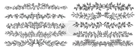 Illustration for Floral autumn wedding dividers, flourish vignettes, separators, borders and delimiters. Vector line floral dividers set with hand drawn ornaments of flower vines, leaf branches, garden plant garlands - Royalty Free Image