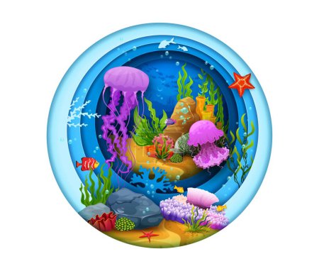 Ilustración de Corales de dibujos animados, algas y medusas sobre papel de mar cortan el paisaje submarino. Fondo de vector de agua azul océano en marco redondo 3d papercut con cardumen de peces tropicales, estrellas de mar, algas y burbujas - Imagen libre de derechos
