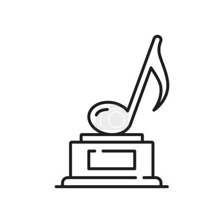 Illustration for Trophy, music award line icon of winner prize, vector music note symbol. Best singer or musical ceremony award for song or number one single, sound clef note trophy on pedestal in thin outline icon - Royalty Free Image