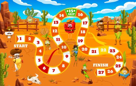 Illustration for Kids step board game, cartoon cowboy, sheriff and robber vegetable characters, vector worksheet. Corn cowboy, potato ranger and pepper with mushroom sheriff on Western start and finish dice race game - Royalty Free Image