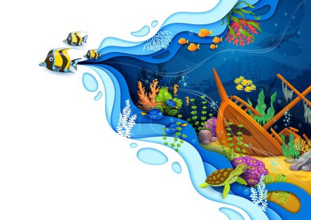 Téléchargez les illustrations : Caricature papier marin coupé paysage sous-marin avec navire coulé, les poissons et les algues, la tortue et l'hippocampe en vedette dans la scène fantaisiste dimensionnelle de coupe de papier coloré. Profondeur d'eau vectorielle 3d dans un cadre ondulé - en licence libre de droit