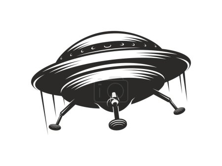 Ilustración de Icono OVNI, platillo volador con rastros, nave espacial alienígena o nave espacial galaxia, nave espacial vector marciano. Platillo OVNI en monocromo retro, universo de fantasía mística y nave espacial galaxia extraterrestre - Imagen libre de derechos