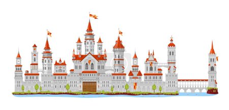 Illustration for Medieval fortress castle tower and turret, wall and palace gate, bridge and fort, vector elements. Cartoon fantasy kingdom building, king fairy tale fortress castle or citadel of royal architecture - Royalty Free Image