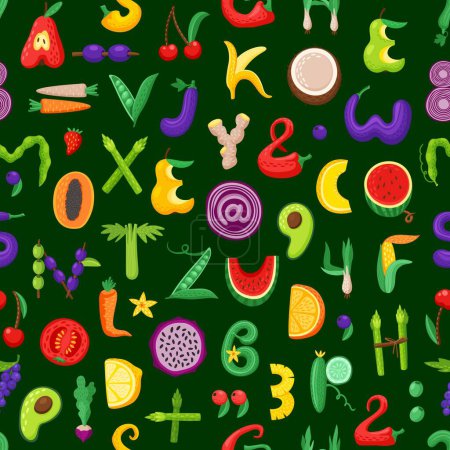 Illustration for Cartoon fruit and vegetable font letters seamless pattern of vector healthy food. Fresh veggies alphabet background with tomato, orange, corn and banana, apple, cucumber, carrot and asparagus letters - Royalty Free Image