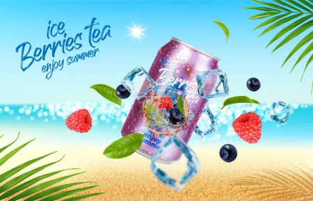 Ilustración de Frambuesas silvestres lata de té y cubitos de hielo en la playa de verano. Hojas de palma, cristales de hielo, arándanos y frutas de frambuesa. Cartel promocional realista del vector 3d de bebida refrescante sobre fondo marino tropical - Imagen libre de derechos