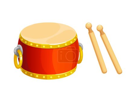 Illustration for Cartoon drum, Chinese new lunar year item and China holiday celebration vector symbol. Chinese music instrument Tanggu drum with drumsticks, Asian traditional item of lunar new year festival - Royalty Free Image
