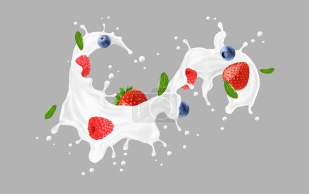 Téléchargez les illustrations : Yaourt blanc lait tourbillonnant éclaboussures et baies. Isolé vecteur 3d produit laitier réaliste, ou flux liquide crème avec fraise, framboise, myrtille et gouttes mélangées dans un cocktail d'été frais - en licence libre de droit