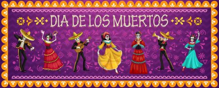 Personajes mexicanos muertos. Carnaval de Dia de los muertos músicos de mariachis y personajes de Catrin. Los esqueletos vectoriales llevan trajes tradicionales bailando y tocando la guitarra, el violín o la trompeta