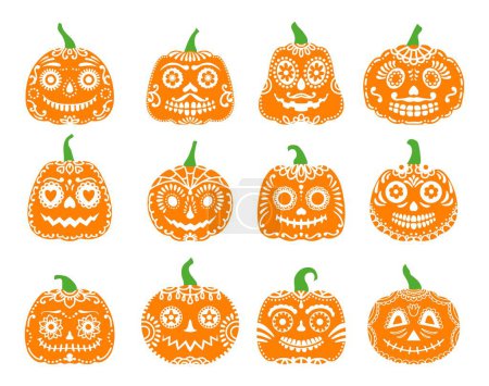 Illustration for Halloween party mexican pumpkin characters with calavera sugar skull pattern. Dia de los muertos holiday decor with unique cultural twist. Vector set of calaca gourd faces with eyes and toothy smiles - Royalty Free Image