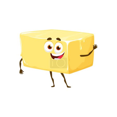 Illustration for Cartoon butter keto diet food character. Natural nutrition cheerful mascot, healthy food dairy product isolated vector comical character or keto diet piece of butter happy smiling personage - Royalty Free Image