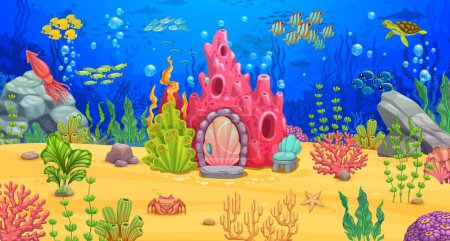 Téléchargez les illustrations : Caricature paysage sous-marin pour le niveau du jeu carte avec bâtiment de la maison de corail de mer, animaux, haut-fond de poissons et d'algues, fond vectoriel. Océan ou sous-marin niveau mondial de jeu avec corail, tortue et calmar - en licence libre de droit