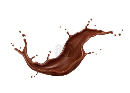 Realistic isolated chocolate wave splash with droplets, choco syrup drops splatter, vector cocoa drink. Chocolate wave with splashing droplets in long flow or spill for choco milk or milkshake dessert