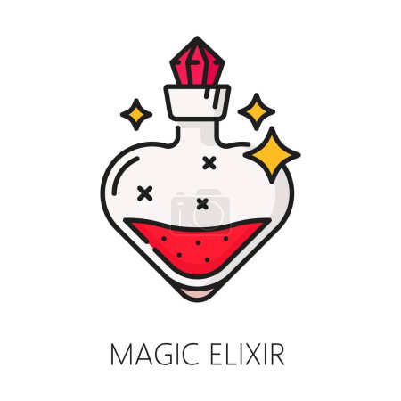 Téléchargez les illustrations : Élixir magique sorcellerie et icône magique. Représentation vectorielle linéaire simple de la potion mystique, symbolisant le pouvoir et l'enchantement. Flacon fantaisie à ligne mince isolé avec liquide magique rouge et étincelles - en licence libre de droit