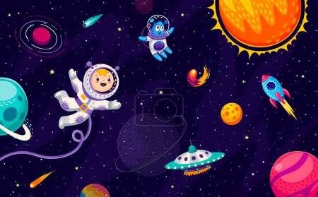 Ilustración de Astronauta niño de dibujos animados, alienígena, ovni y cohete en el espacio de la galaxia. Vector niño pequeño personaje cosmonauta explorar la vasta extensión del Universo, flota entre los planetas y se encuentra con el transbordador o nave estelar - Imagen libre de derechos