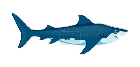 Ilustración de Caricatura personaje de tiburón tigre arena. Vector aislado de especies grandes y formidables con apariencia distintiva y comportamiento feroz, cuerpo delgado, dientes afilados y una presencia intimidante en el océano - Imagen libre de derechos