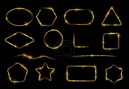 Illustration for Frames with flame sparkles, glow light effect. Vector borders, lines and corners on black background. Gold glowing circle, square, star, rhombus and triangle, Pentagon and hexagon magic golden glitter - Royalty Free Image
