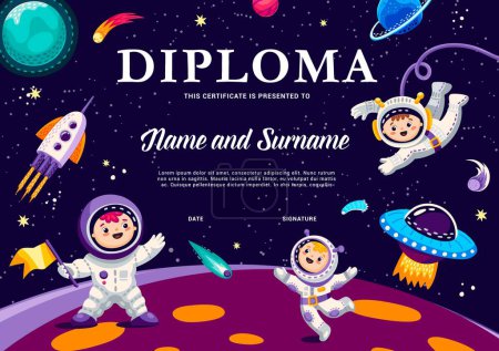 Illustration for Kids astronaut diploma. Boys and girl astronauts on space planet. Education school certificate, vector award frame template with cartoon cosmonaut children characters explore alien world in far galaxy - Royalty Free Image
