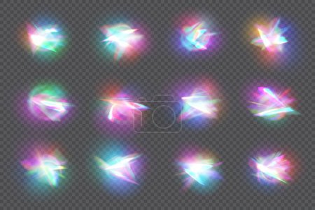 Ilustración de Luces de cristal arco iris, fuga de prisma. Conjunto vectorial aislado de fascinantes colores holográficos vibrantes creados al refrenar la luz a través de prismas, iluminando espacios con un ambiente radiante y encantador - Imagen libre de derechos