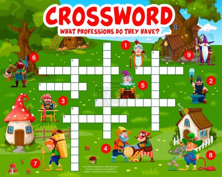 Illustration for Crossword quiz game. Cartoon fairytale gnomes at village. Vector word search game worksheet with dwarfs aviculturist, blacksmith, sewer or lumberjack, reader, hunter and mushroomer, gardener, magician - Royalty Free Image