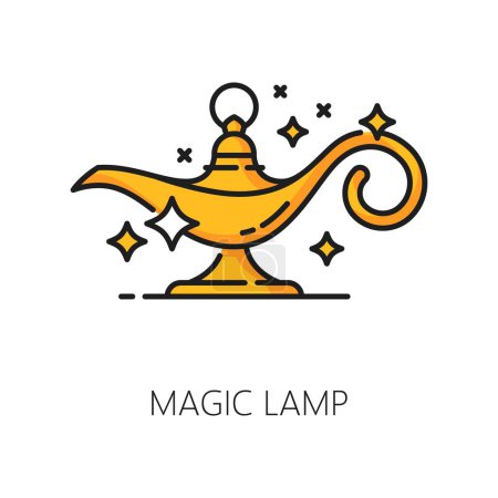 Illustration for Magic lamp, witchcraft and magic icon. Vector linear enchanting and mystical Aladdin lantern holds untold power and grants wishes. Symbol of possibility and wonder, extraordinary and transformations - Royalty Free Image