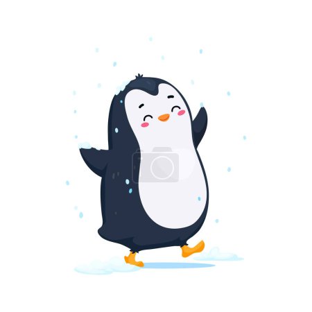 Téléchargez les illustrations : Cartoon mignon personnage drôle de pingouin embrasse joyeusement les chutes de neige, profiter de la saison hivernale. Vecteur isolé adorable personnage humoristique bébé oiseau marchant à l'extérieur attraper des flocons de neige tombant - en licence libre de droit