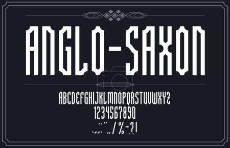 Illustration for English pixel font, binary type or 8bit geometric alphabet with digital typeface, vector letters and numbers. 8 bit pixel typography font, retro ancient or medieval English ABC typeset or typescript - Royalty Free Image