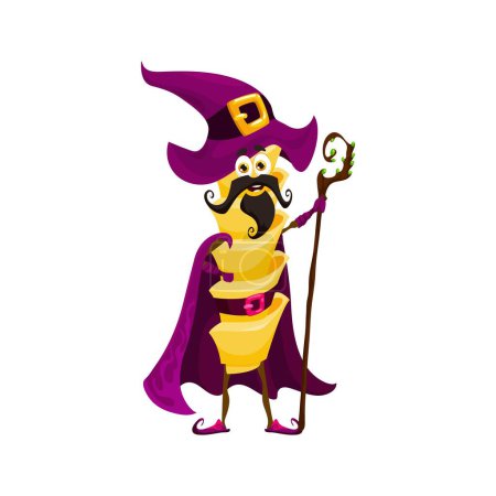 Illustration for Cartoon Halloween eliche pasta sorcerer character. Wizard, warlock or mage Italian cuisine noodle isolated vector character. Sorcerer tasty pasta comical personage or cute mascot with magic staff - Royalty Free Image