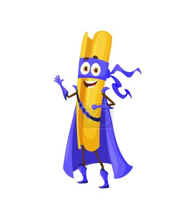Illustration for Cartoon casarecce italian pasta food superhero character. Isolated vector food personage of Italy cuisine. Noodly defender with cute funny face and happy smile waving hand. Cheerful macaroni emoticon - Royalty Free Image