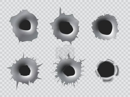 Illustration for Realistic bullet holes from gun shot, bullet target cracks on metal, isolated vector. Gunshot or rifle bullet holes torn from military fire weapon, shooter damage holes on wall transparent background - Royalty Free Image