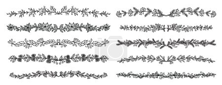 Illustration for Holly berry floral Christmas and wedding dividers, borders and delimiters, vector flourish vignettes and separators. Holly berry floral frame dividers for winter holiday decoration and invitation card - Royalty Free Image