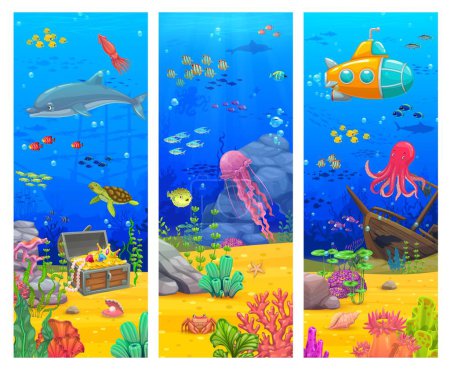 Illustration for Cartoon underwater landscape banners with sea fishes and ocean animals, vector undersea background. Dolphin, turtle and jellyfish, sunken ship or submarine bathyscaphe and treasure chest in underwater - Royalty Free Image