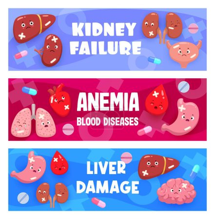 Illustration for Anemia, kidney failure and liver damage diseases. Cartoon sick body organs characters, sad unhealthy liver, kidney, heart, stomach and lungs, brain and blood vector personages. Health care, medicine - Royalty Free Image
