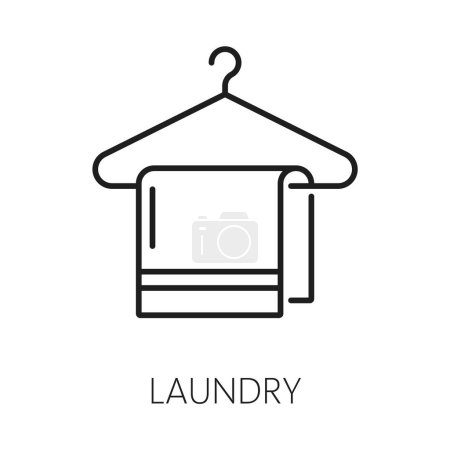 Illustration for Towel hanging on hanger, hotel service icon. Vector clean textile fabric, laundry washing machine sign, clean bedding - Royalty Free Image