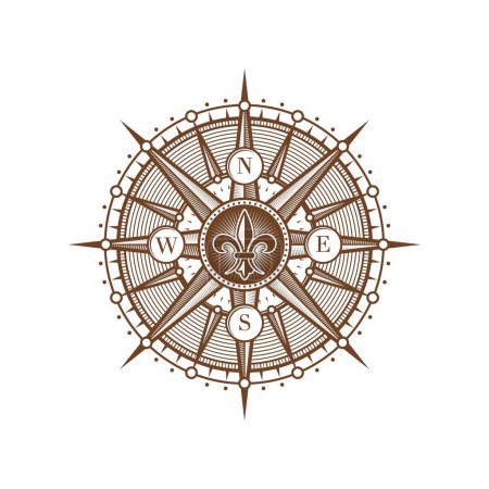Illustration for Vintage medieval antique wind rose compass vector sketch. Old windrose woodcut with North Star and victorian royal lily engravings. Ancient compass with North, West, East and South direction pointers - Royalty Free Image