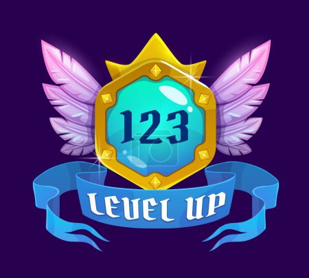 Illustration for Game interface level up badge and win icon, rank or bonus award medal with wings, vector UI trophy. Next level up badge with blue ribbon and feather wings for video arcade game GUI or popup badge - Royalty Free Image