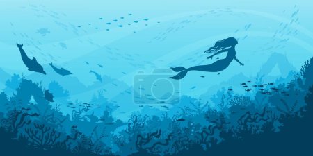 Téléchargez les illustrations : Silhouette sirène et bancs de poissons. Paysage sous-marin fond vectoriel d'eau bleue de l'océan, récif corallien et algues, algues, dauphins, tortues marines, poissons et raies. Monde marin sous-marin - en licence libre de droit