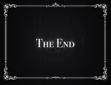 Illustration for Silent movie cinema film End screen, vintage border frame. Vector background of retro movie theatre or cinema festival with classic black The End screen. Vintage cinematography and silent film poster - Royalty Free Image