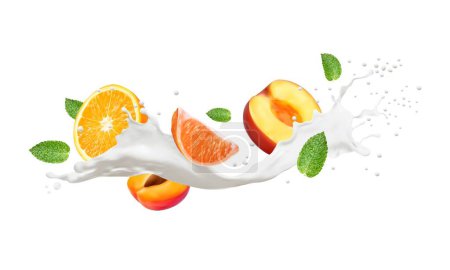 Illustration for Realistic milk drink wave splash with fruits for yogurt or milky drink vector background. Orange, peach and mandarine fruits in milk wave or pour splash with drops for milkshake or dairy drink package - Royalty Free Image