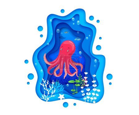 Ilustración de Personaje de pulpo de dibujos animados y papel de mar cortan paisaje con algas marinas submarinas. Personaje vectorial de lindo animal de agua del océano en el marco 3d con capas de papel ondulado azul, bancos de peces, estrellas de mar, burbujas - Imagen libre de derechos