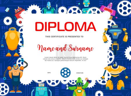 Illustration for Kids diploma with cartoon robots and droid bots, vector certificate template. School or kindergarten award certificate diploma with funny robotic cyborgs, androids and robo transformers on wheels - Royalty Free Image