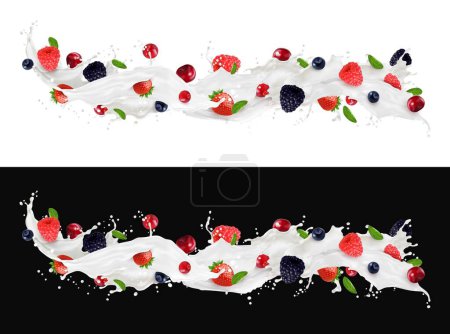 Illustration for Realistic milk drink wave splash with berries, yogurt or dairy beverage vector background. Strawberry, raspberry, blueberry or blackberry and cranberry berry in milk splash long wave with green leaves - Royalty Free Image