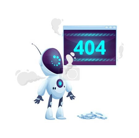 Ilustración de 404 página con pantalla de dibujos animados y robot alienígena. Mensaje de problema de fallo de red, signo de construcción del sitio web o banner de vector de advertencia de error de carga de página web con carácter divertido robot o droide fumador - Imagen libre de derechos