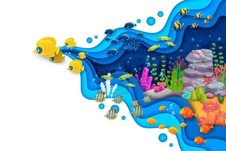 Téléchargez les illustrations : Des bancs de poissons dessinés sur du papier marin coupent le paysage sous-marin. Ecole de poissons tropicaux lumineux, algues et coraux au fond de l'océan. 3d vecteur coloré beauté et diversité de la vie sous la surface de l'océan - en licence libre de droit