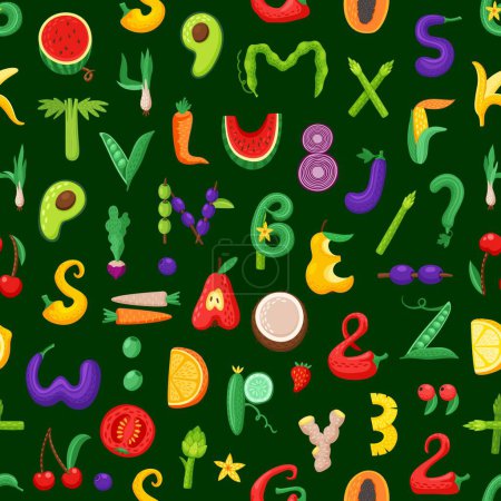 Illustration for Cartoon fruit and vegetable font letters seamless pattern. Healthy food alphabet vector background. Letters and numbers type made of fresh orange, banana, corn, lettuce, green peas and onion backdrop - Royalty Free Image