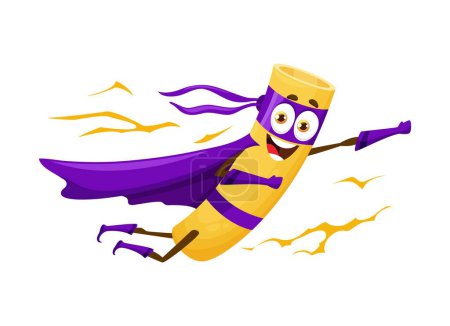 Illustration for Cartoon rigatoni italian pasta food superhero character. Isolated vector quirky and fun super hero noodle personage, equipped with superpowers flying to save the day with a delicious twist and laugh - Royalty Free Image