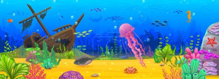 Téléchargez les illustrations : Caricature paysage sous-marin avec méduses et navire coulé au fond de l'océan. Fond de jeu vectoriel avec des roches, des algues, des récifs coralliens et des animaux. Stingray, crabe, hippocampe et bancs de poissons - en licence libre de droit