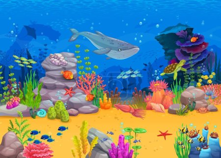 Arcade nivel del juego, dibujos animados paisaje submarino con ballena, peces, tortugas y algas marinas, fondo vectorial. Océano o submarino arrecife de coral paisaje con calamares, estrellas de mar y concha marina para el nivel de juego arcade
